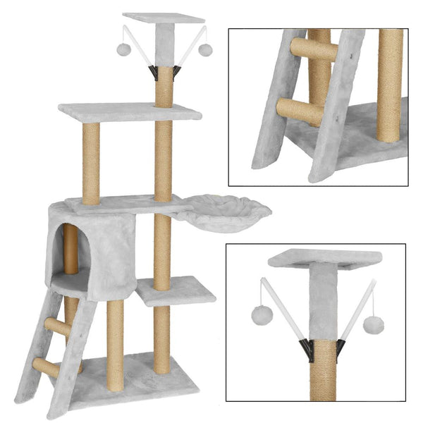 Ansamblu de joaca pentru pisici, cu loc pentru zgariat, ascuns, culcus, soricei, 136cm, gri