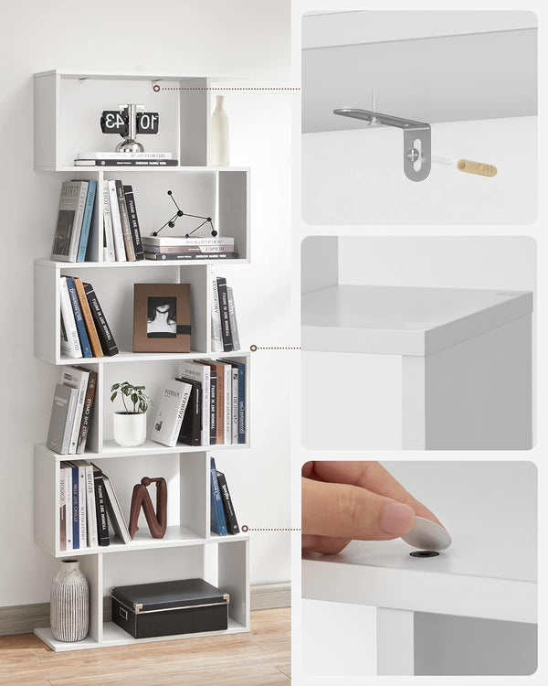 VASAGLE Biblioteca, raft cu 6 unitati de depozitare, pentru living, din lemn, 24x190x70cm, alb