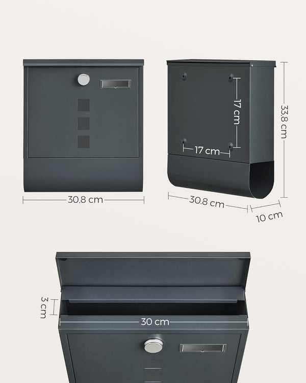 SONGMICS Cutie postala de exterior, pentru gard sau perete, din otel zincat, cu incuietoare, 31x10x34cm, gri