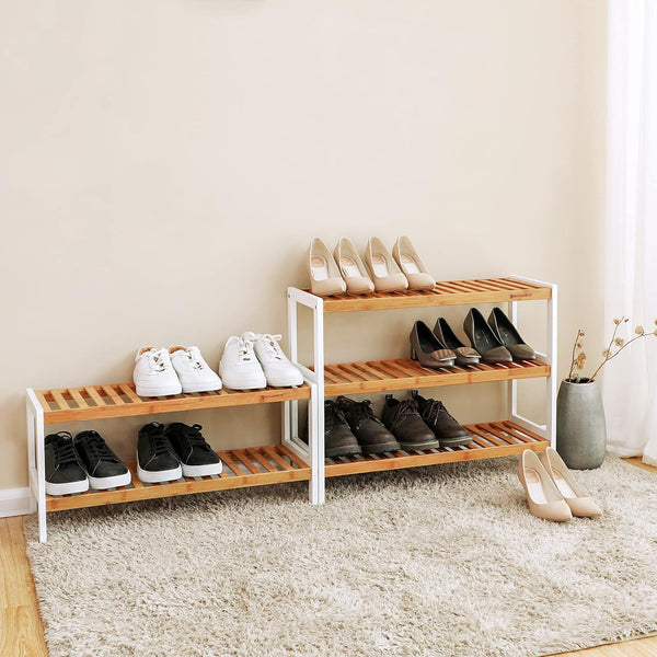 SONGMICS Raft de depozitare din bambus, cu 3 niveluri, 26x70x55cm, alb si maro