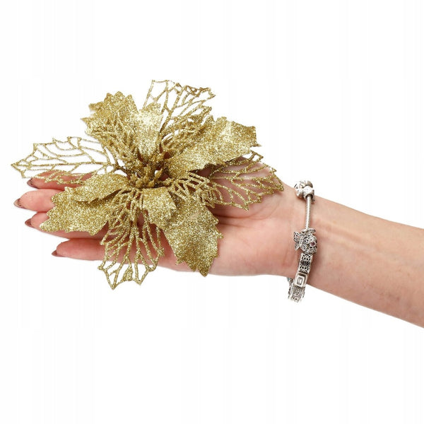 Set 10 ornamente pentru bradul de Craciun, stea Poinsettia, 16cm, galben auriu