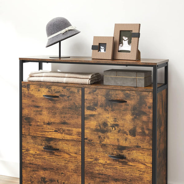VASAGLE Dulap pantofi din MDF cu ​​4 usi basculante, pentru 12-20 perechi, 98x30x95cm, maro rustic si negru