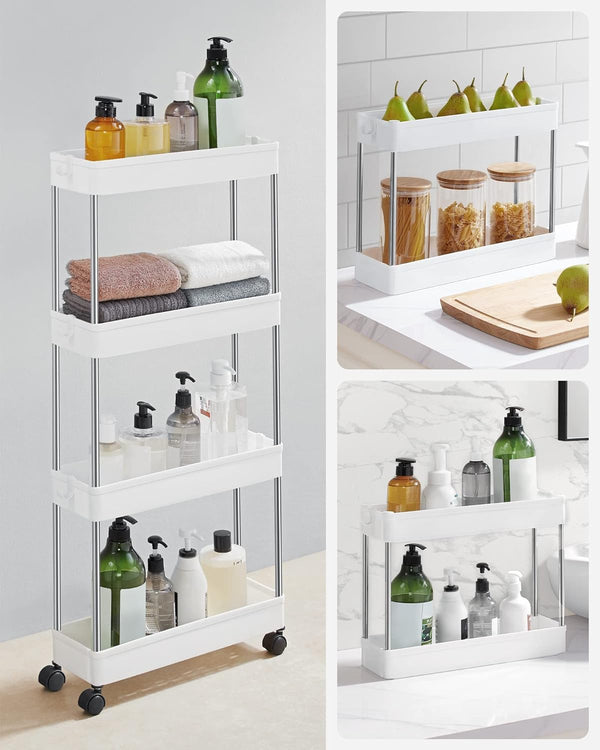 SONGMICS Carucior de depozitare pe roti, pentru bucatarie sau baie, din plastic, cu 4 nivele, 40x13x88cm, alb