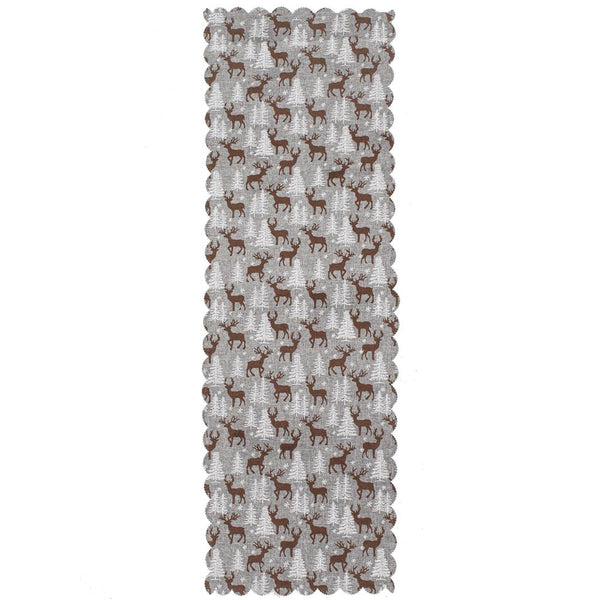 Fata de masa pentru decor, cu motive de Craciun, din stofa, 35x186cm, gri