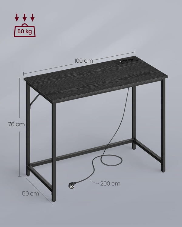 VASAGLE Birou cu iluminare LED, priza incorporata, 2 USB, 50x100x76 cm, negru
