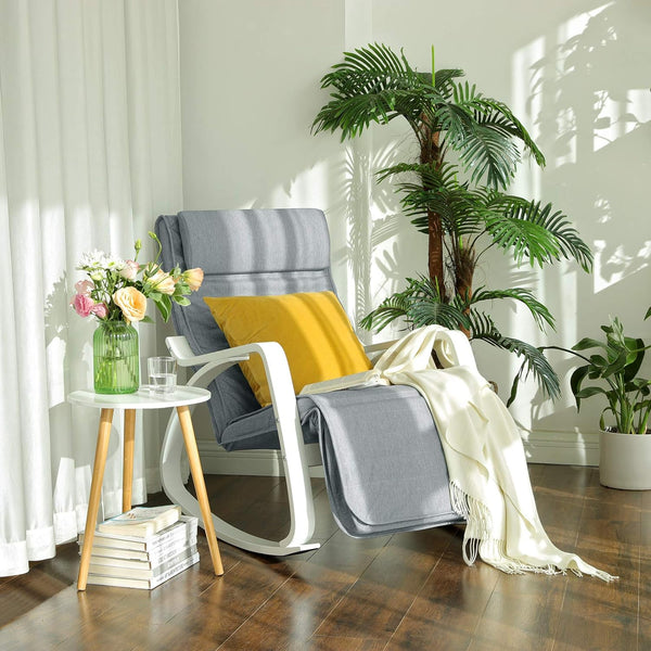 SONGMICS Scaun balansoar din lemn, suport picioare reglabil, maxim 150kg, 67x122x84cm, gri deschis