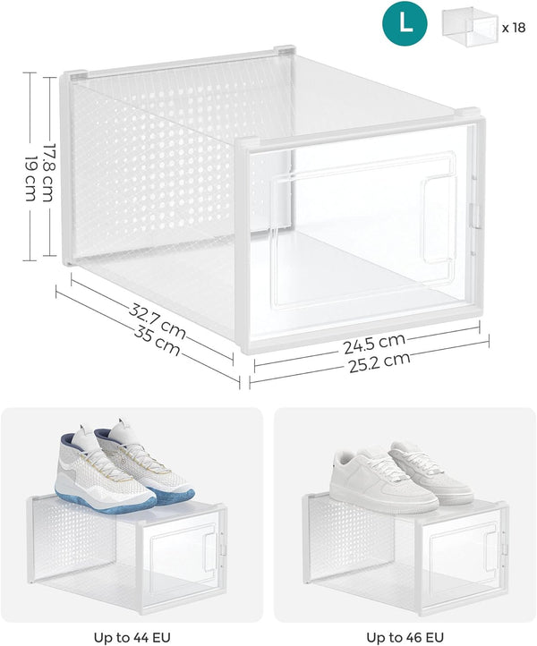 SONGMICS Cutii de pantofi, set de 18 organizatoare stivuibile, structura rezistenta ABS, 35x25x19cm, transparent