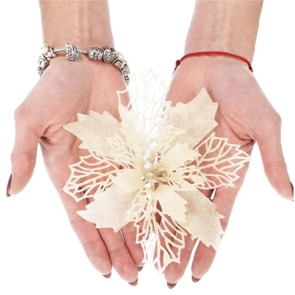 Set 10 ornamente pentru bradul de Craciun, stea Poinsettia, 16cm, crem