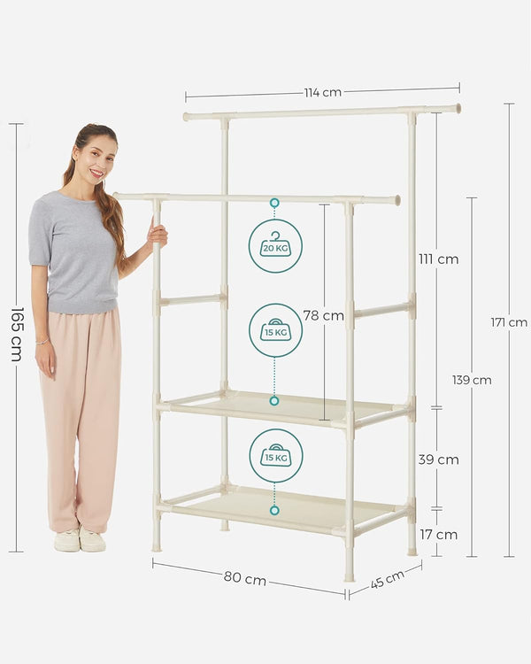SONGMICS Raft de haine cu bara dubla pentru umerase, 2 polite, incarcare 70 kg, 114x45x171cm, alb