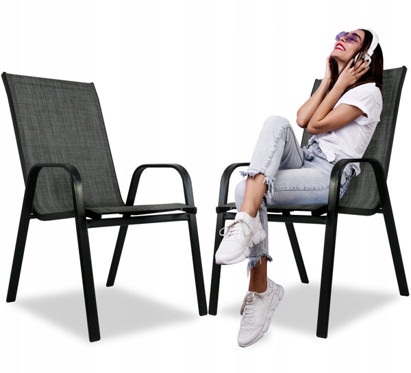 Set 2 scaune de gradina cu cadru metalic, stivuibile, 55x72x96cm, negru