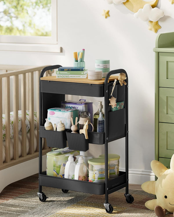 SONGMICS Raft de depozitare mobil tip carucior rulant, pentru baie sau bucatarie, cadru otel cu blat MDF, 31x44x74 cm, negru