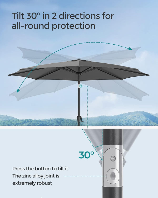 SONGMICS Umbrela de gradina, cu manivela pentru deschidere, sistem inclinare, 300cm, gri