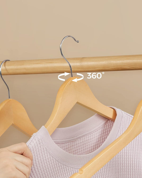SONGMICS Set de 20 umerase din lemn, cu bara anti-alunecare pentru pantaloni, carlig pivotant la 360°, 45cm, natur
