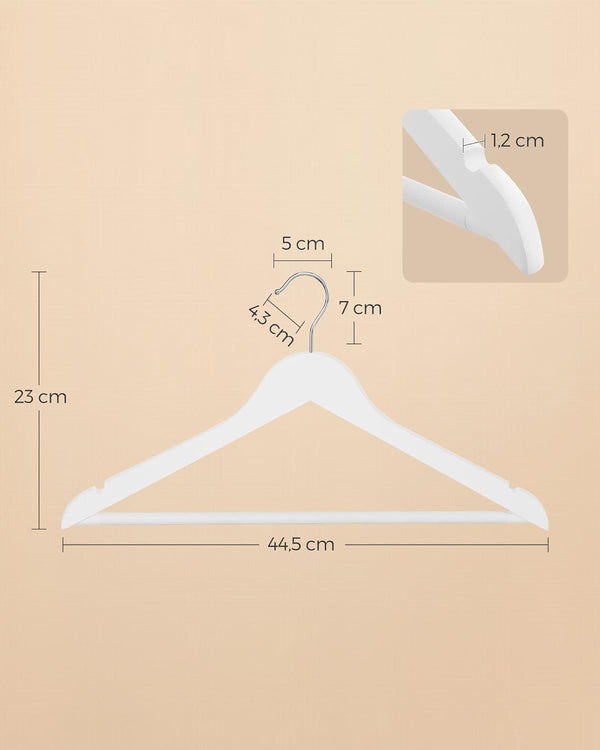 SONGMICS Set de 20 umerase din lemn, cu bara anti-alunecare pentru pantaloni, carlig pivotant la 360°, 45cm, alb