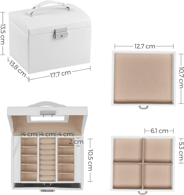 SONGMICS Cutie de bijuterii cu 3 niveluri, oglinda, incuietoare cu maner, 2 sertare, 14x18x14cm, alb