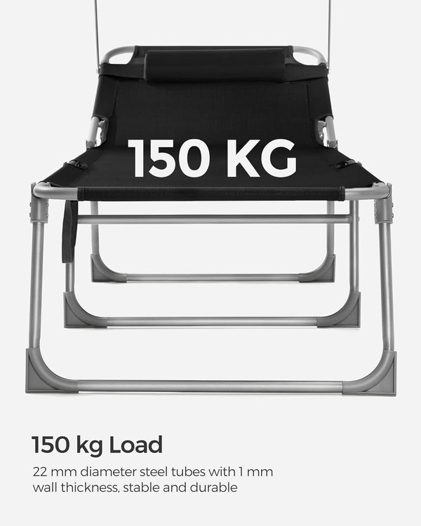 SONGMICS Sezlong pliabil, cu parasolar si tetiera, spatar reglabil in 4 pozitii, maxim 150kg, 193x53x29cm, negru