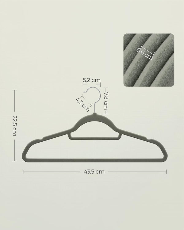 SONGMICS Set de 20 de umerase pentru haine, anti-alunecare cu catifea, bara de cravata si carlig pivotant, 43,5 cm, gri