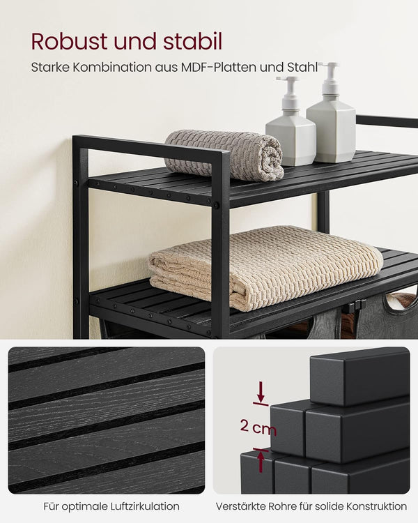 VASAGLE Cos de rufe, cu 2 saci detasabili, 2 rafturi, capacitate de 46L per sac, 73x33x92cm , negru si gri
