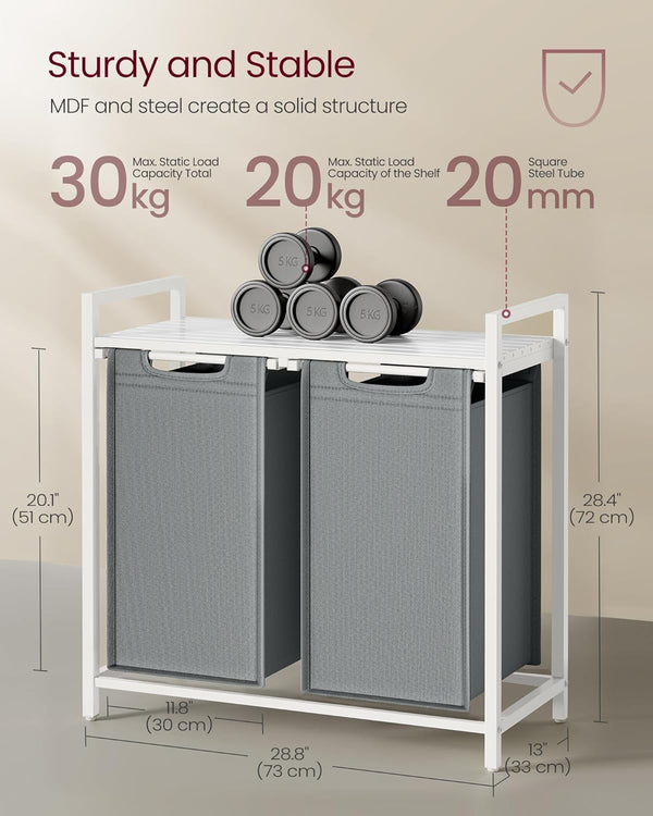 VASAGLE Cos de rufe, 2 compartimente, saci de rufe detasabili, raft, cadru metalic, 2x46L, 73x33x72 cm, alb si gri deschis
