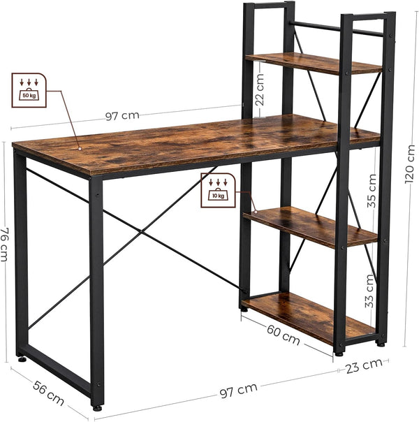 VASAGLE Birou cu raft lateral, montare stanga sau dreapta, industrial, 56x120x120 cm, maro