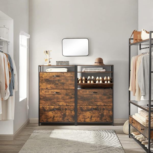 VASAGLE Dulap pantofi din MDF cu ​​3 usi basculante, pentru 15-24 perechi, 80x30x130cm, maro rustic