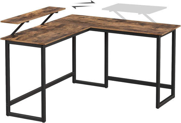 VASAGLE Birou in forma de L cu suport pentru monitor, cadru metalic, 140x130x76cm, maro rustic