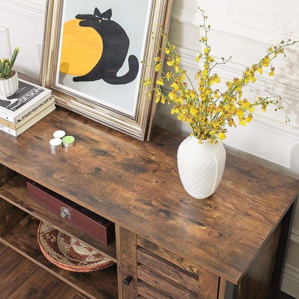 VASAGLE Comoda joasa pentru suport TV, cu rafturi si 2 spatii de depozitare cu usa, stil industrial, 110x40x50cm, maro rustic si negru