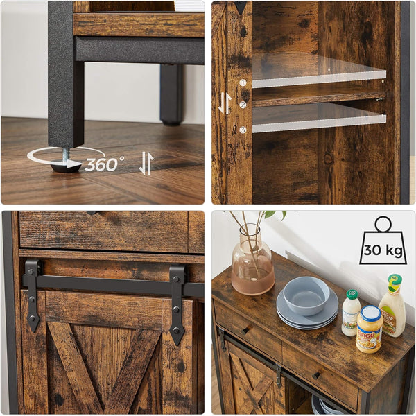 VASAGLE Comoda pentru living sau bucatarie, cu 2 sertare si usa glisanta, rafturi reglabile, stil rustic, 30x70x80cm, maro si negru