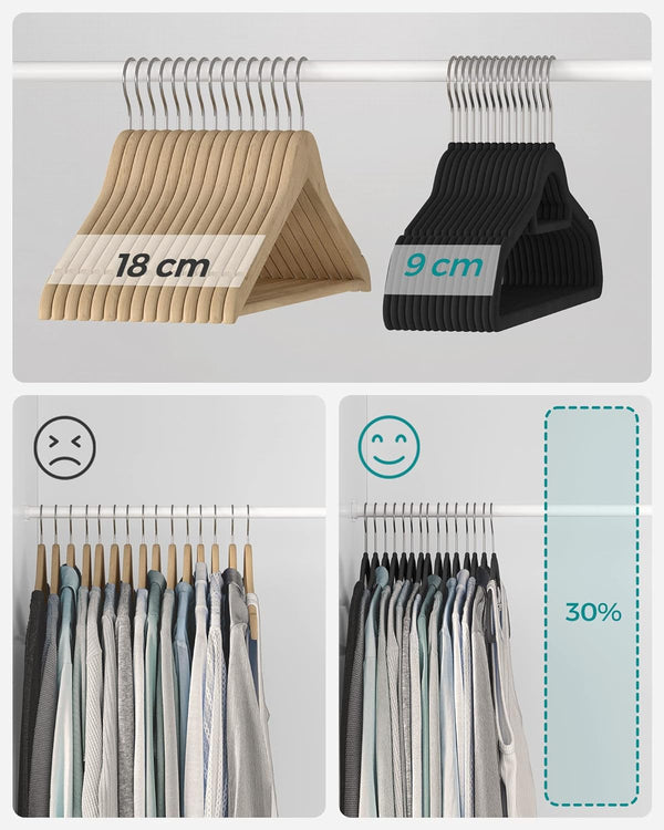 SONGMICS Set de 50 de umerase pentru haine, anti-alunecare cu catifea, bara de cravata si carlig pivotant, 43,5 cm, negru