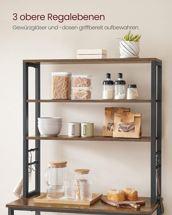 VASAGLE Raft de bucatarie cu spatiu pentru cuptorul cu microunde, 6 rafturi, otel, industrial, 40x80x167cm, maro retro si negru