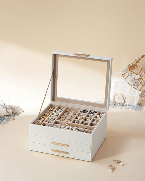 SONGMICS Cutie de bijuterii cu 3 nivele, 2 sertare, capac din sticla, 20x23x14cm, alb si auriu