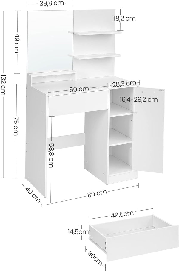 VASAGLE Masuta de toaleta cu oglinda, dulap si sertar pentru cosmetice, 80x40x132cm, alb