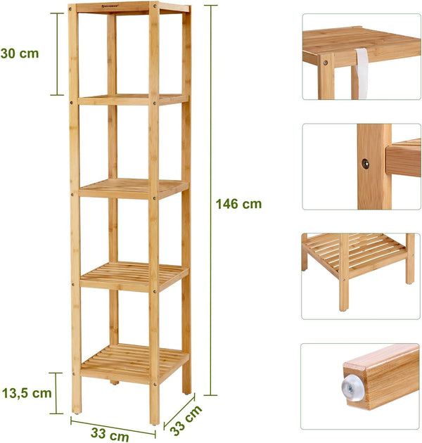 SONGMICS Raft de depozitare din bambus, 5 polite, pentru bucatarie sau baie, 146x33x33cm, maro natural