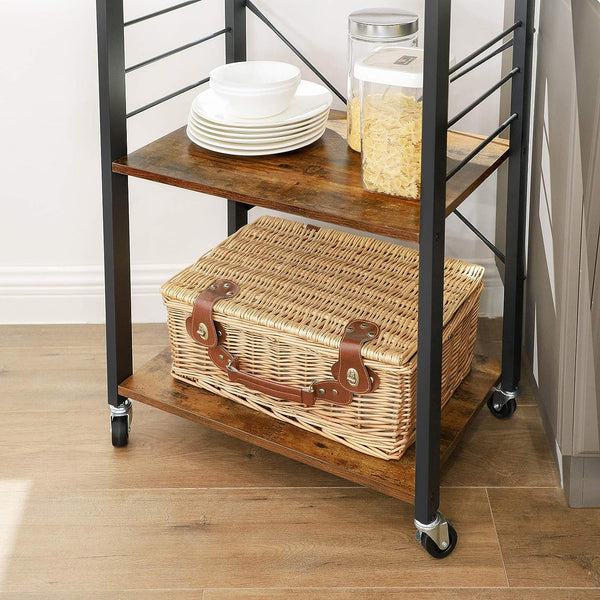 VASAGLE Raft de bucatarie pe roti, carucior de servire cu 3 rafturi, cadru metalic, 40x60x89cm design industrial, maro rustic