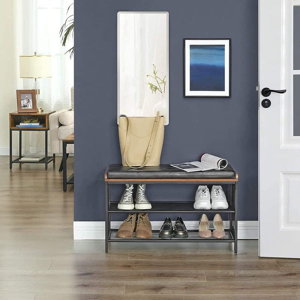 VASAGLE Banca pentru hol, cu raft suport de pantofi, sezut captusit imitatie piele, design industrial, 30x80x48cm, negru cu maro