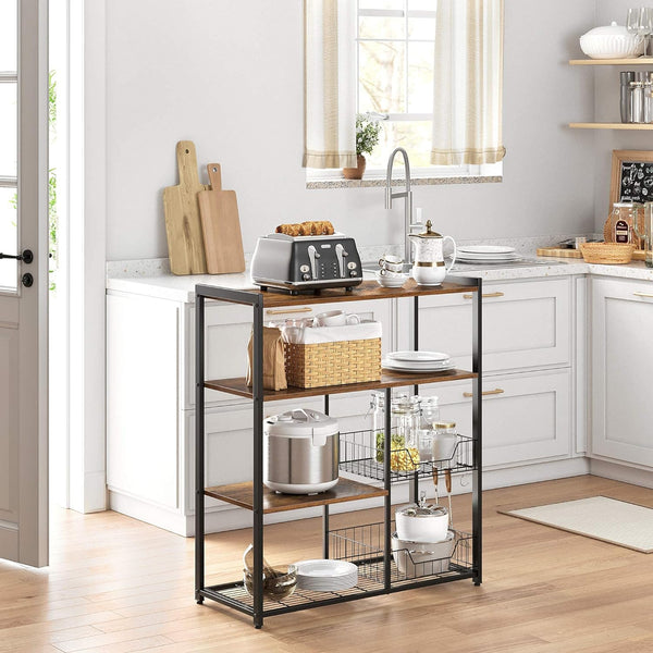 VASAGLE Raft de bucatarie, suport pentru cuptorul cu microunde, 2 cosuri de sarma, 6 carlige S, 35x80x95cm, maro rustic