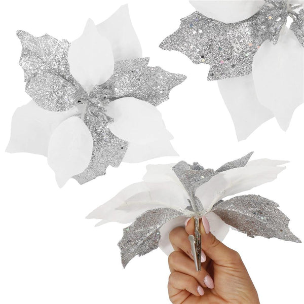 Set 5 ornamente pentru bradul de Craciun, stea Poinsettia, 23cm, alb argintiu