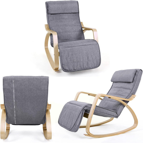 SONGMICS Scaun balansoar din lemn, suport picioare reglabil, maxim 150kg, 55x122x84cm, gri inchis