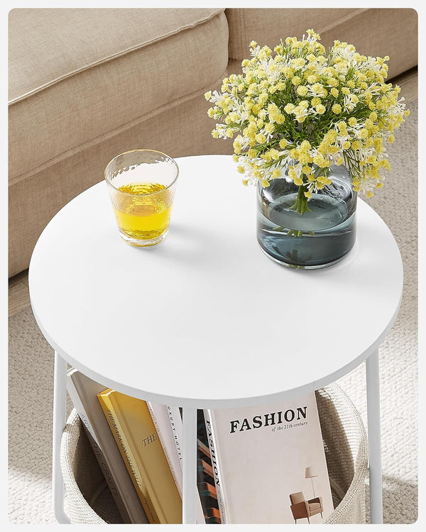 VASAGLE Masuta de cafea rotunda cu cos de stofa, stil modern, 45x50cm, alb cu bej