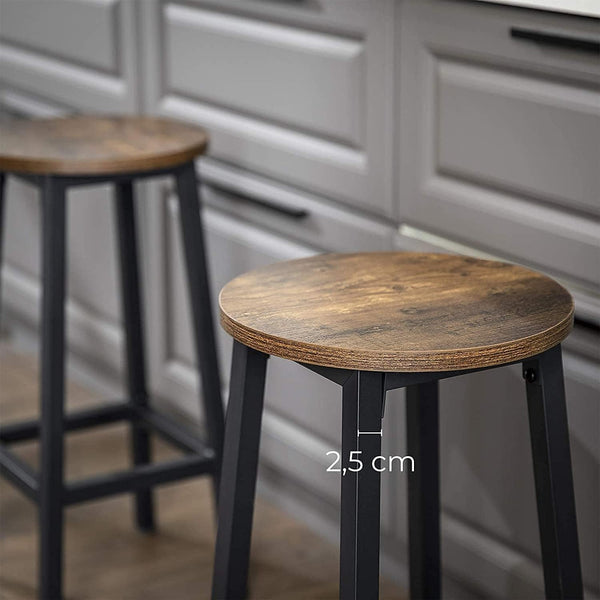 VASAGLE Set 2 scaune bar inalte, sezut rotund, cadru din otel, inaltime 65 cm, stil industrial, maro rustic si negru