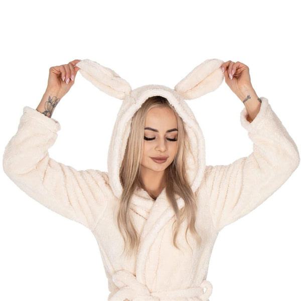 Halat de baie pentru femei pana la genunchi, gluga cu urechi , marimea L/XL, bej