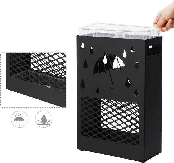 SONGMICS Suport metalic pentru umbrele, cu carlige si tava de picurare, 28x12x41cm, negru