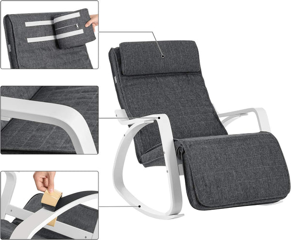 SONGMICS Scaun balansoar din lemn, suport picioare reglabil, maxim 150kg, 67x115x91cm, gri si alb