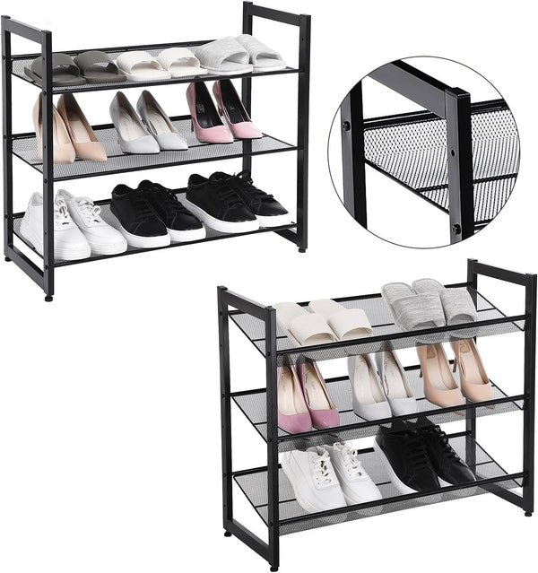 SONGMICS Raft de depozitare pantofi pe 3 niveluri, metal, rafturi plate sau unghiulare reglabile, 31x74x63cm, negru