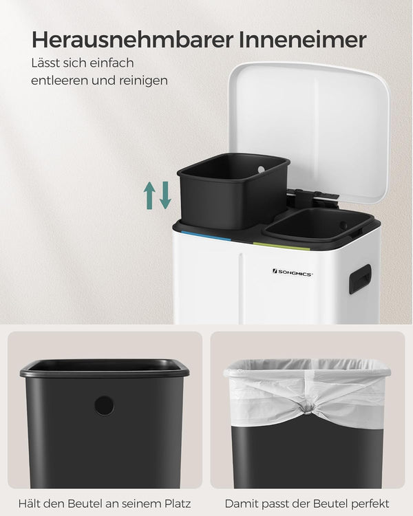 SONGMICS Cos de gunoi dublu colectare selectiva 2x20L, cu pedale si capac soft close, galeata interioara, otel, 45x58x32 cm, alb