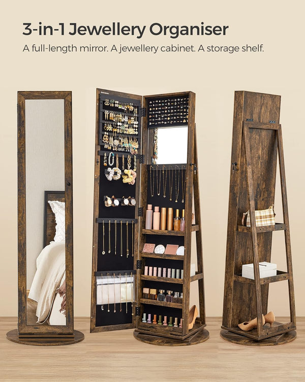 SONGMICS Oglinda de podea cu suport rotativ la 360°, cu spatiu de depozitare, 55x55x161cm, maro rustic