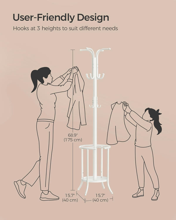 SONGMICS Cuier pentru haine, cu suport de umbrele, 12 agatatori, 175 cm, alb