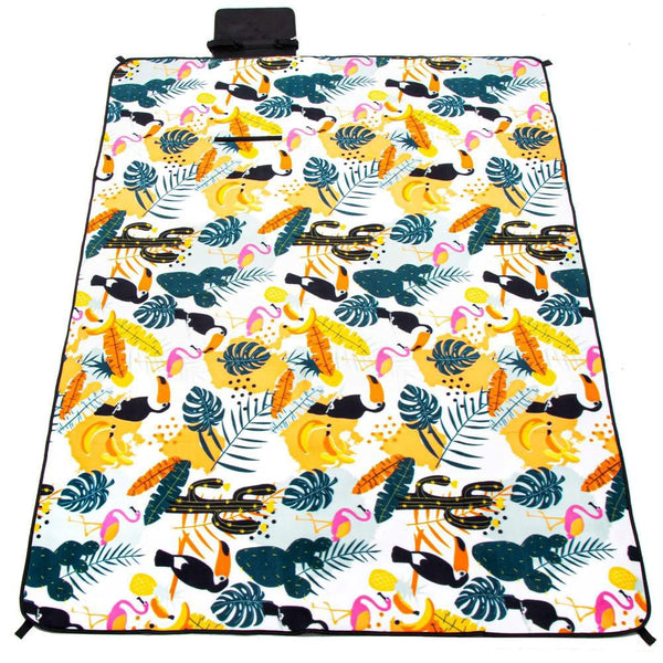 Patura pentru picnic sau plaja, cu folie izolatoare si maner, 200x200cm, model tropical, alb verde