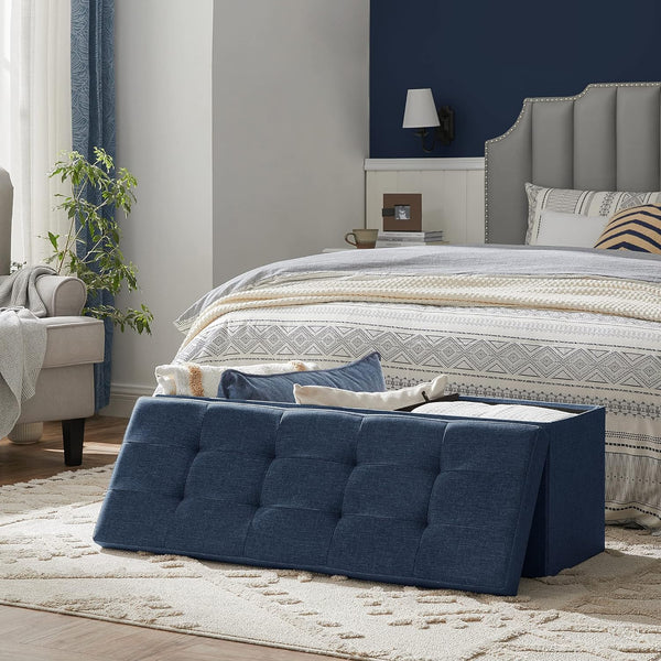 SONGMICS Taburet pliabil cu sezut moale, spatiu de depozitare 131litri, maxim 300kg, 110x38x38cm, albastru inchis