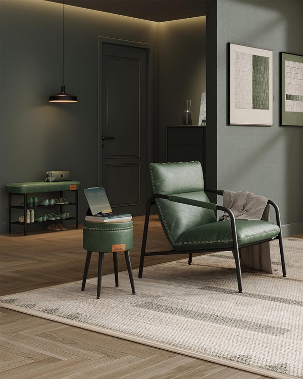 VASAGLE Taburet cu spatiu de depozitare, tapitat PU, cu 2 fete, diametru 32 cm, verde